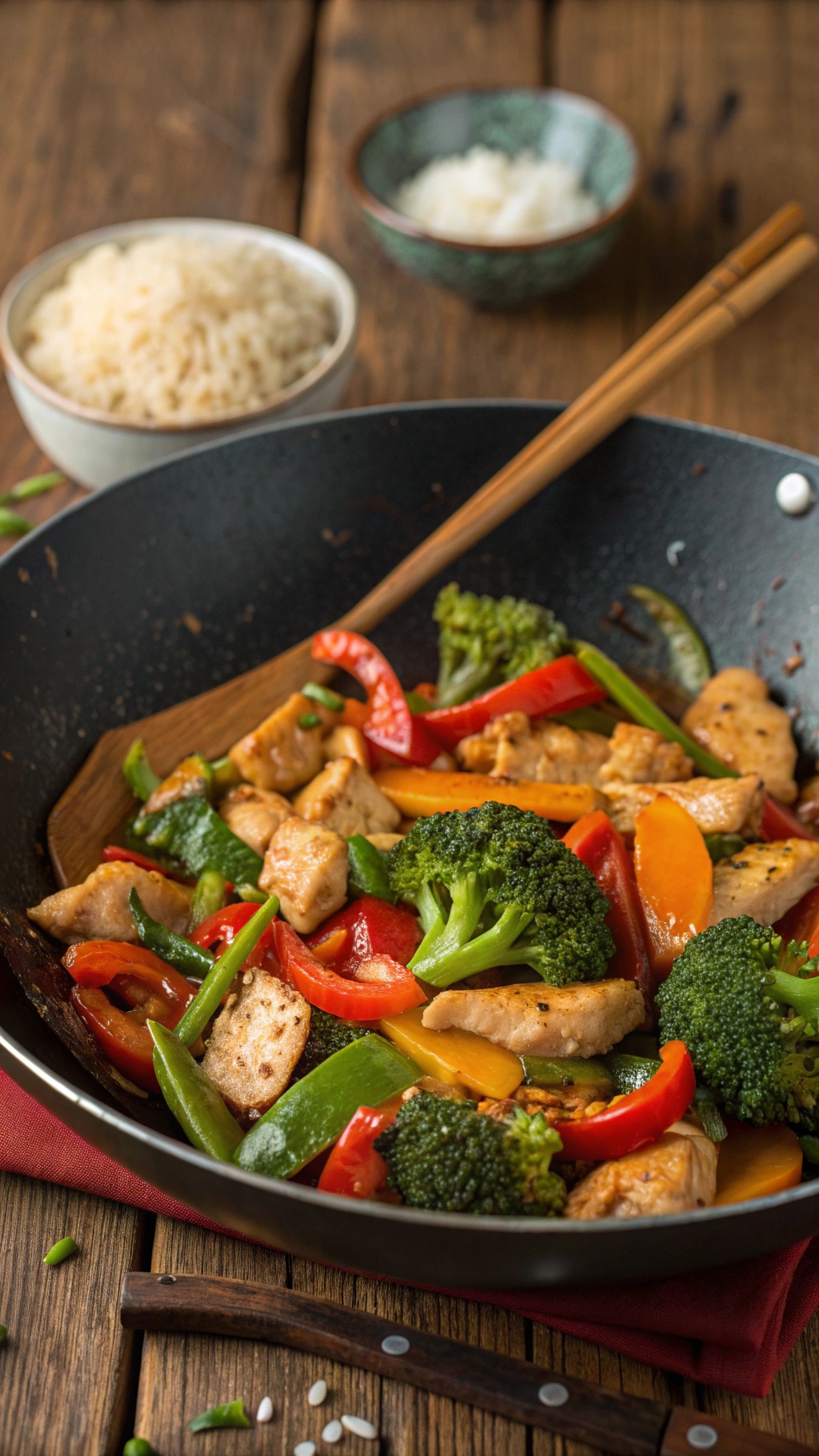 A colorful chicken and vegetable stir-fry in a wok, served with rice.