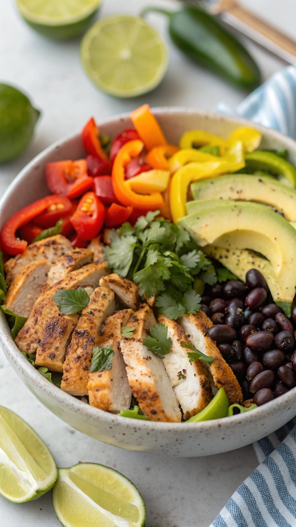 A colorful chicken taco bowl with grilled chicken, black beans, bell peppers, avocado, and lime wedges.