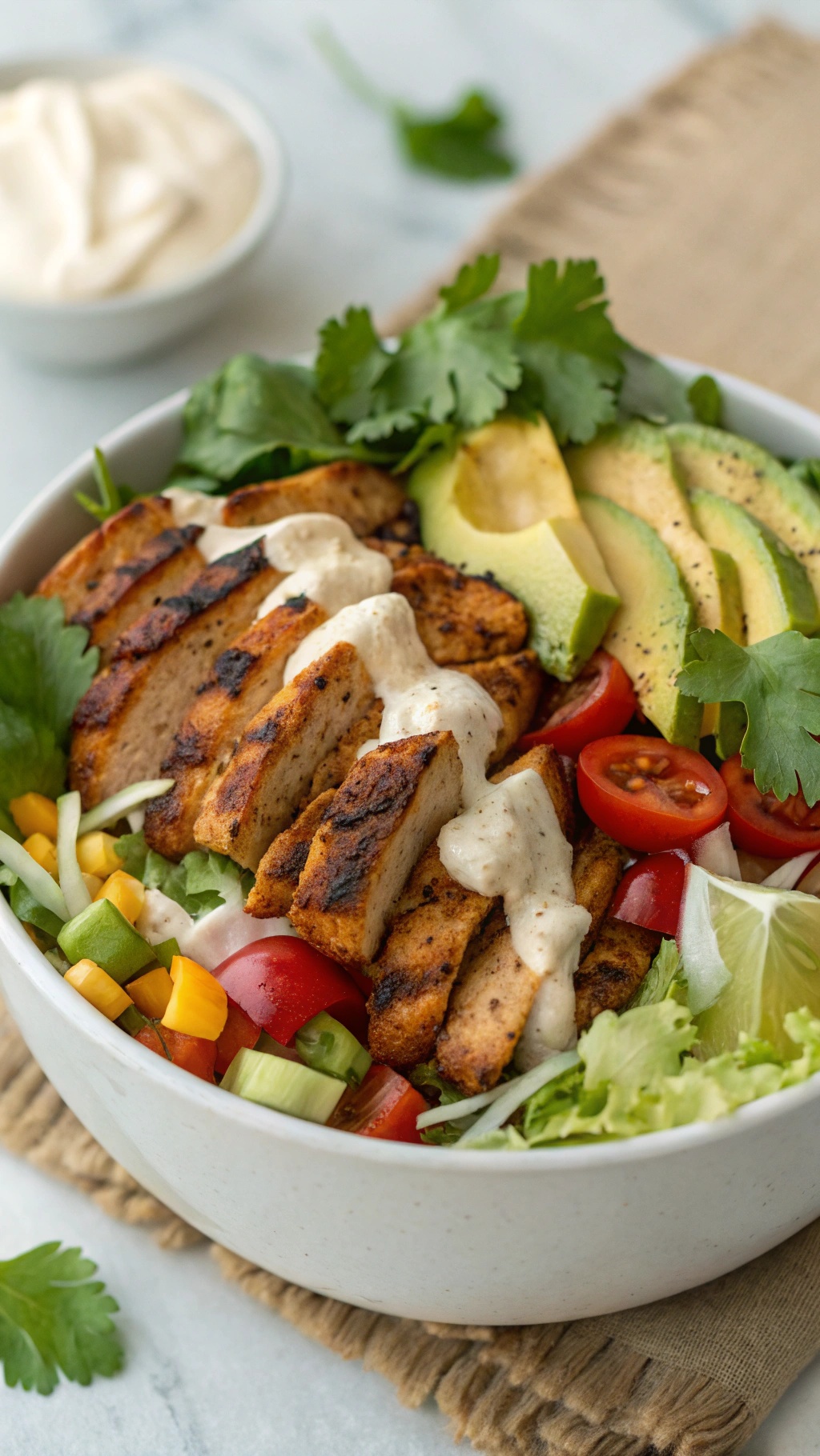 A colorful Chipotle Chicken Taco Salad with grilled chicken, fresh vegetables, and creamy dressing.