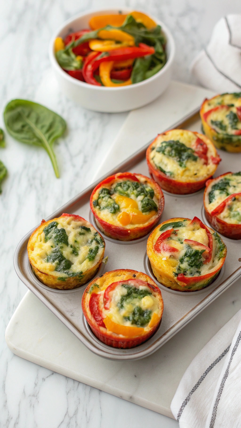 A tray of colorful egg muffins with spinach and bell peppers, perfect for a keto-friendly meal.