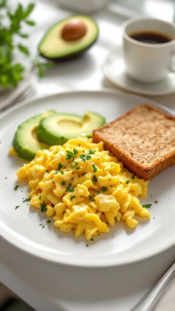 A plate of creamy scrambled eggs with avocado slices and toast, garnished with parsley.