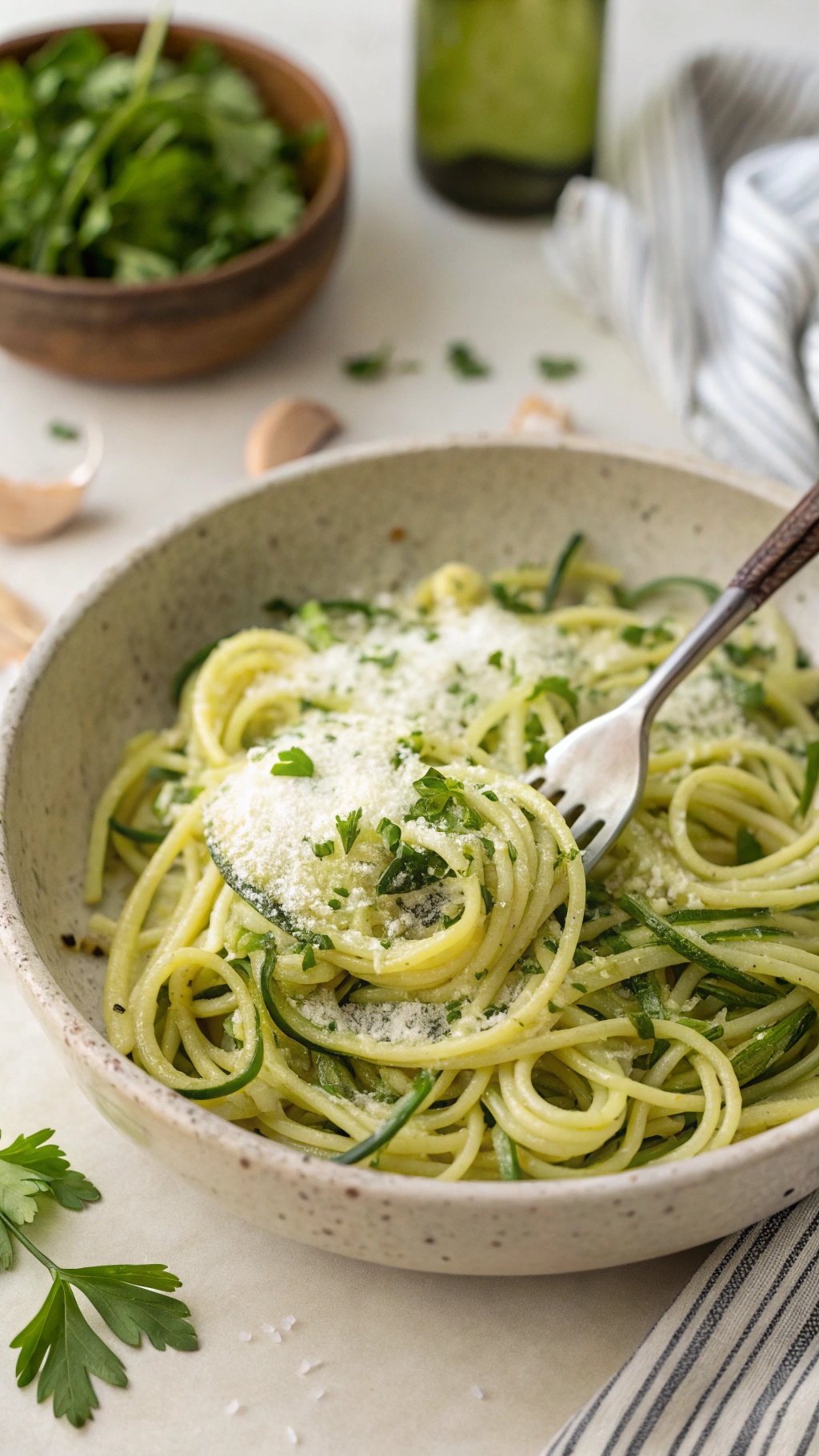 A bowl of garlic butter zucchini noodles topped with parmesan cheese and fresh herbs.