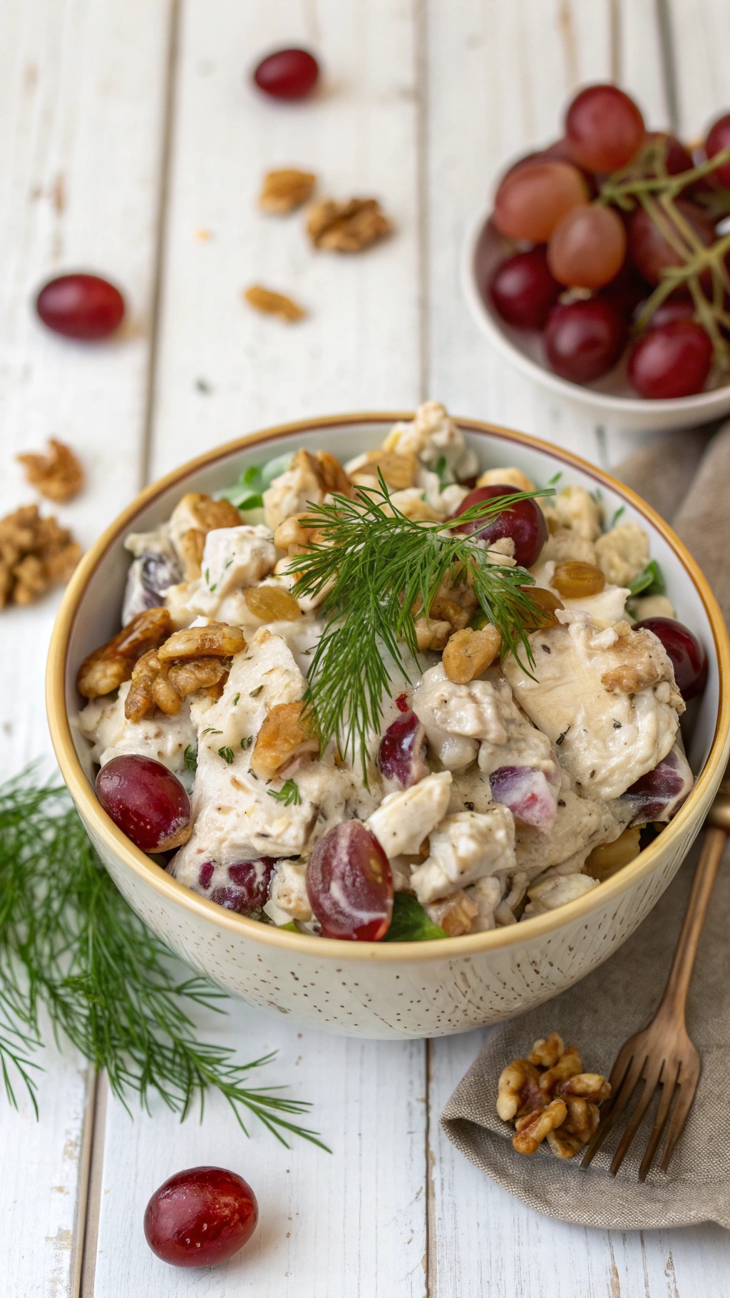 A bowl of Greek yogurt chicken salad with grapes and walnuts, garnished with dill.