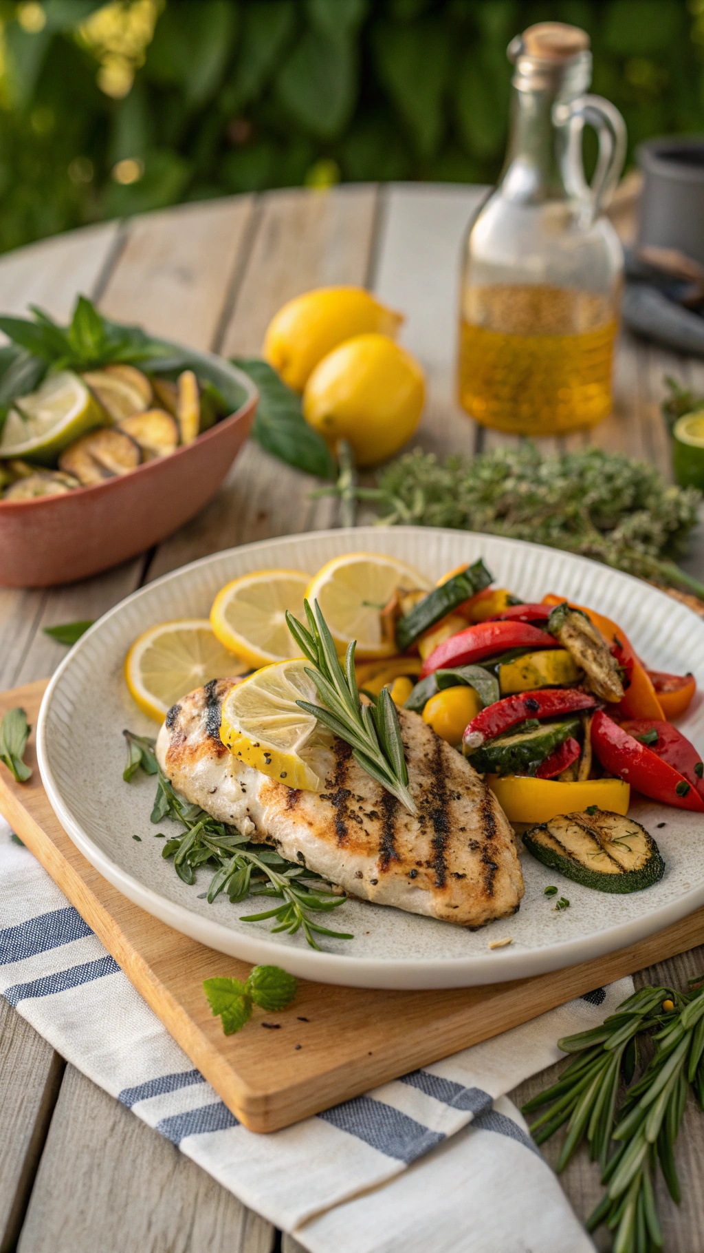 Grilled chicken breast with lemon slices and colorful grilled vegetables on a plate