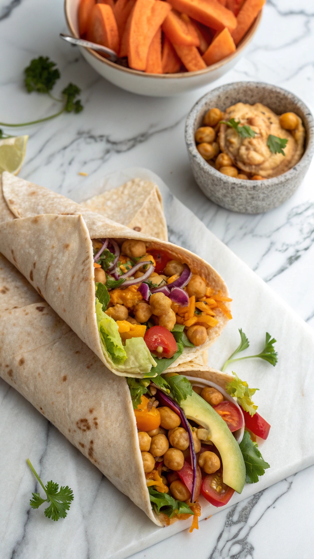 Mediterranean chickpea wraps with fresh vegetables and hummus on a marble surface.