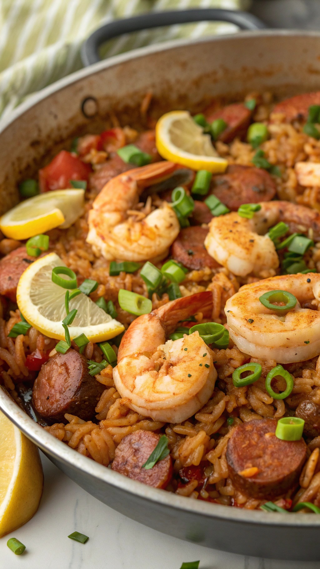 A delicious one-pot jambalaya with shrimp, sausage, and rice, garnished with green onions and lemon slices.