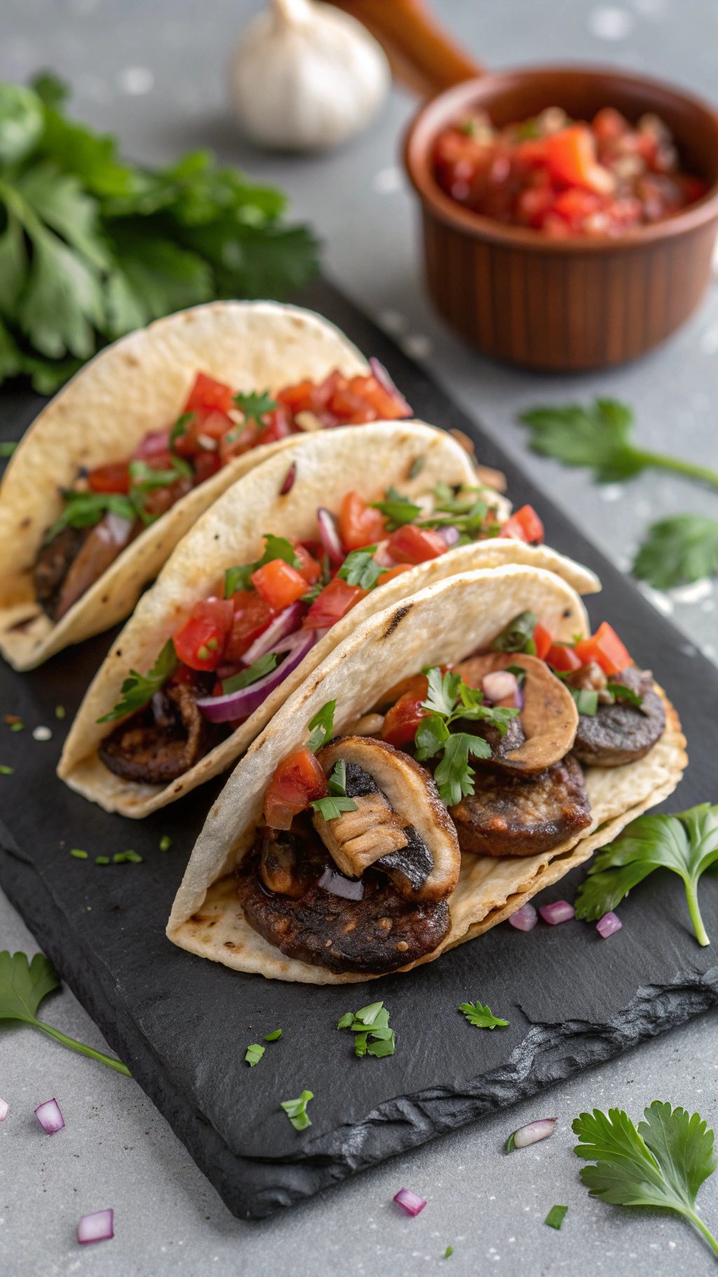Three portobello mushroom tacos topped with diced tomatoes, red onions, and cilantro on a slate serving board.