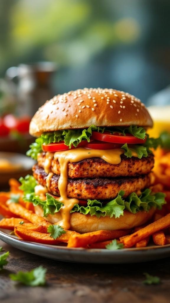 A delicious salmon burger topped with lettuce, tomato, and melted cheese, served with sweet potato fries.
