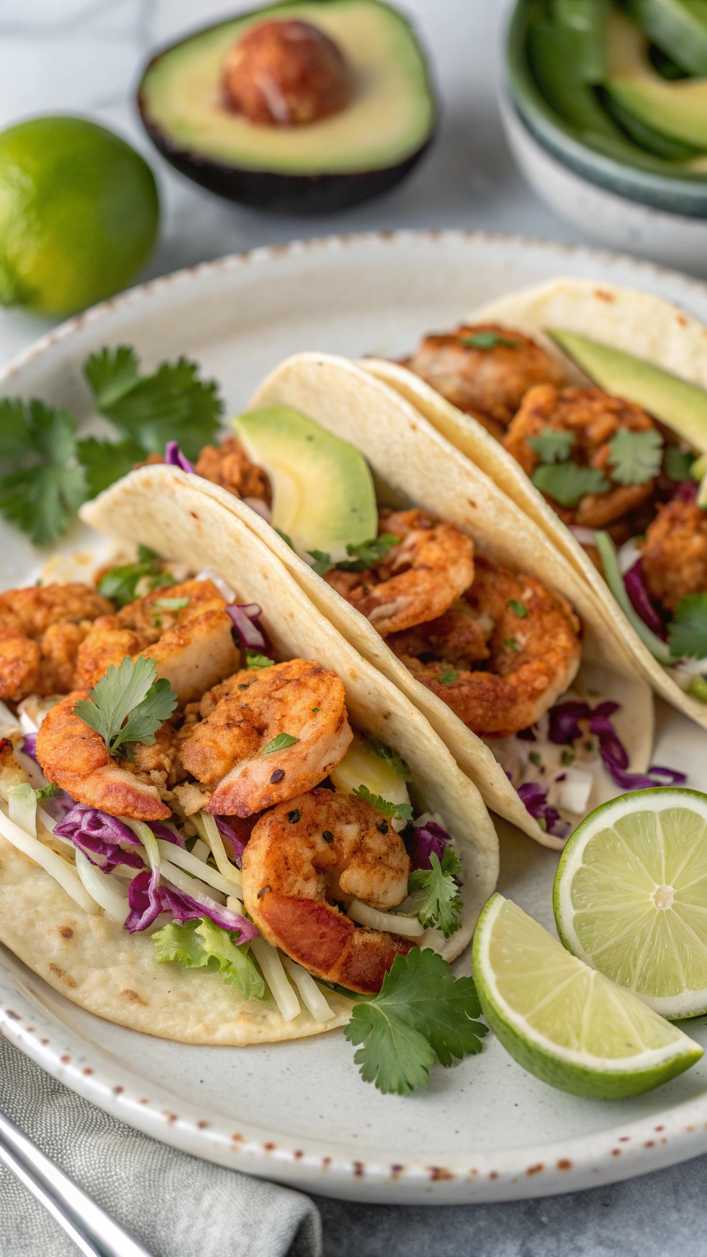 Shrimp tacos with cabbage slaw, avocado slices, and lime wedges on a plate.