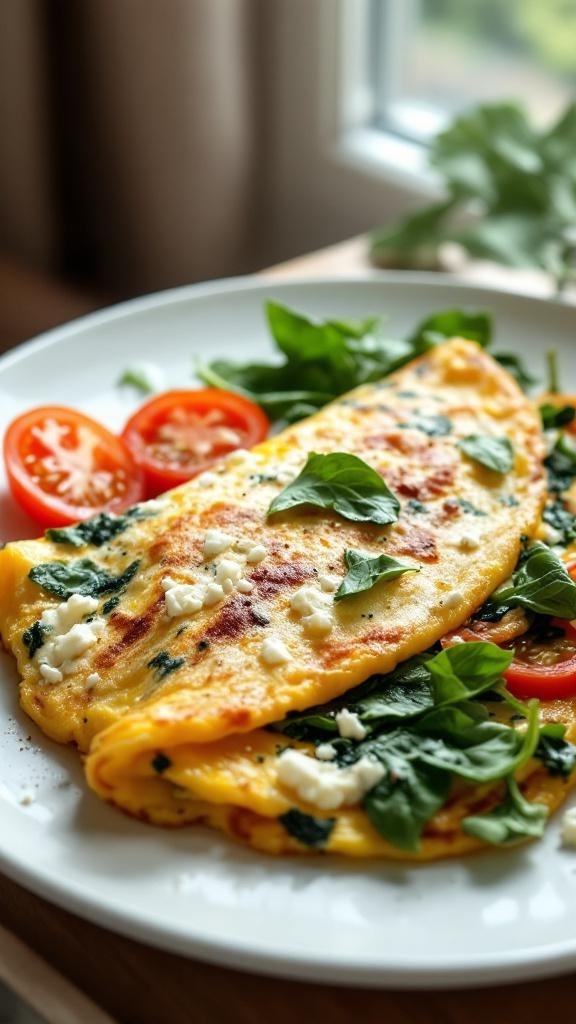 A delicious spinach and feta omelette served with fresh tomatoes on a white plate.