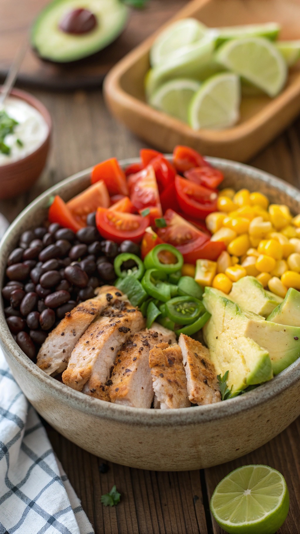 Colorful taco bowls with chicken, black beans, corn, tomatoes, avocado, and lime wedges.