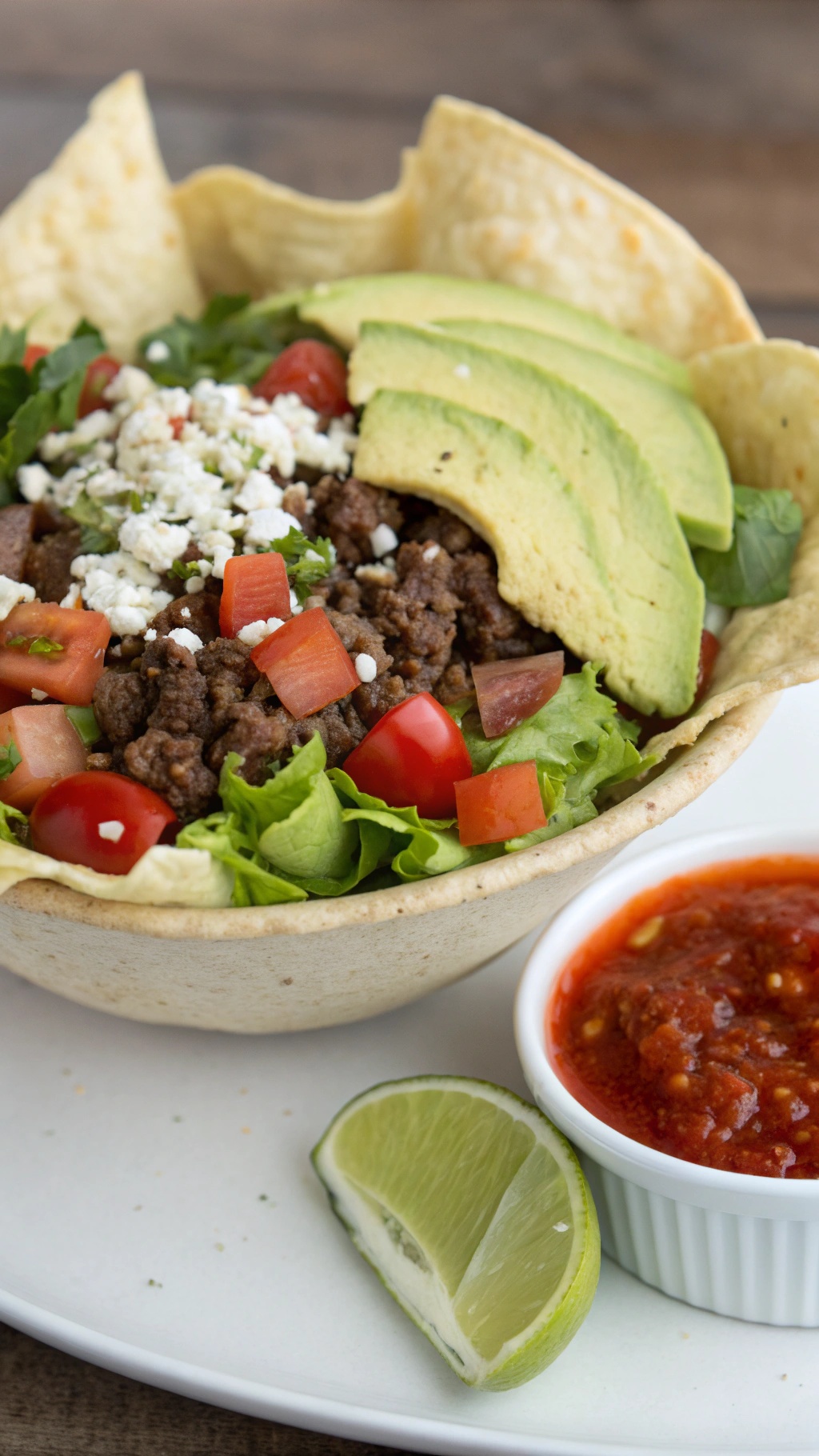 A colorful taco salad in a tortilla bowl with ground beef, lettuce, tomatoes, avocado, cheese, and a side of salsa.
