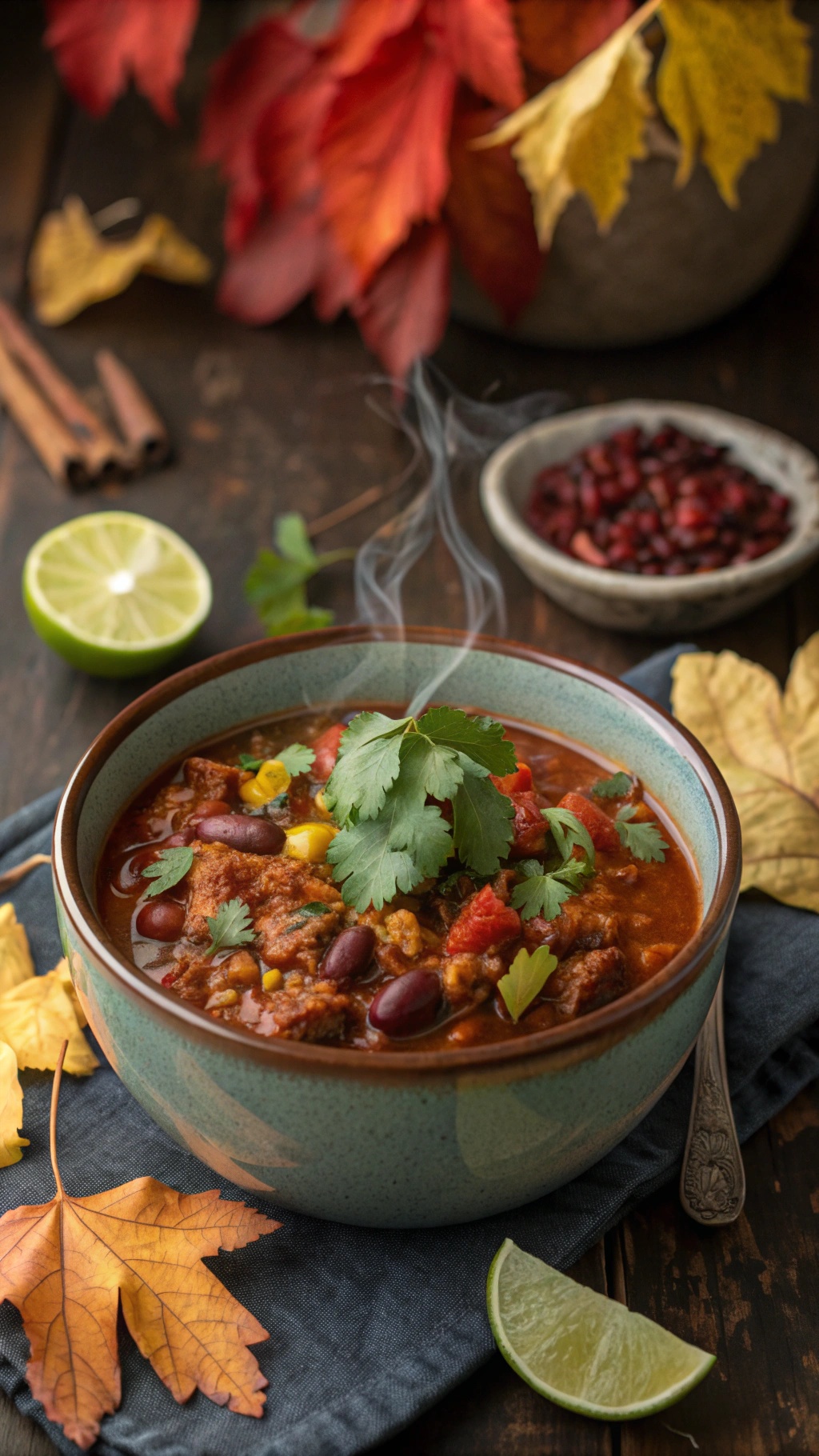 A bowl of turkey chili garnished with cilantro, surrounded by autumn leaves and lime wedges.