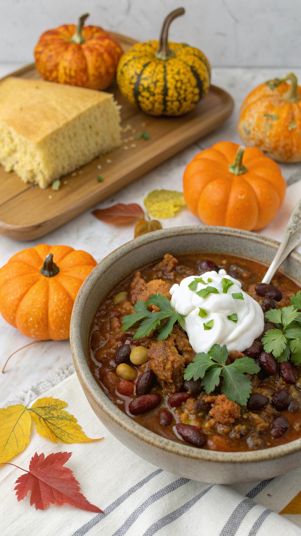 A bowl of turkey pumpkin chili topped with sour cream and cilantro, surrounded by small pumpkins and cornbread.