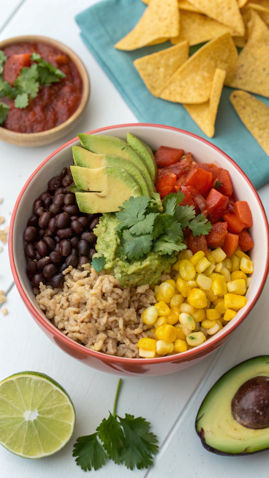 A colorful vegan burrito bowl with brown rice, black beans, corn, diced tomatoes, avocado slices, and cilantro, served with lime wedges and tortilla chips.