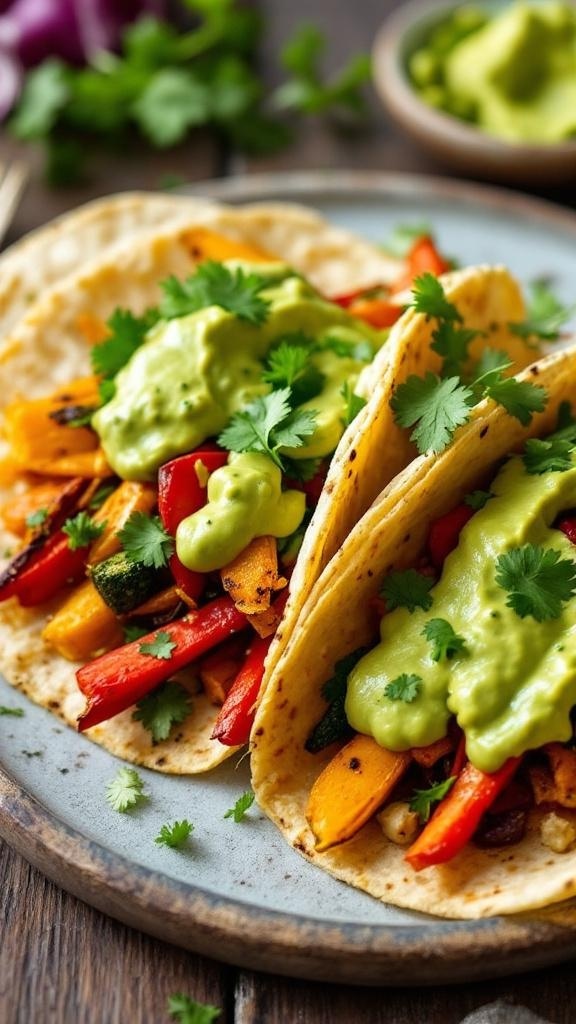 Air fryer veggie tacos with avocado crema on a plate, garnished with cilantro.