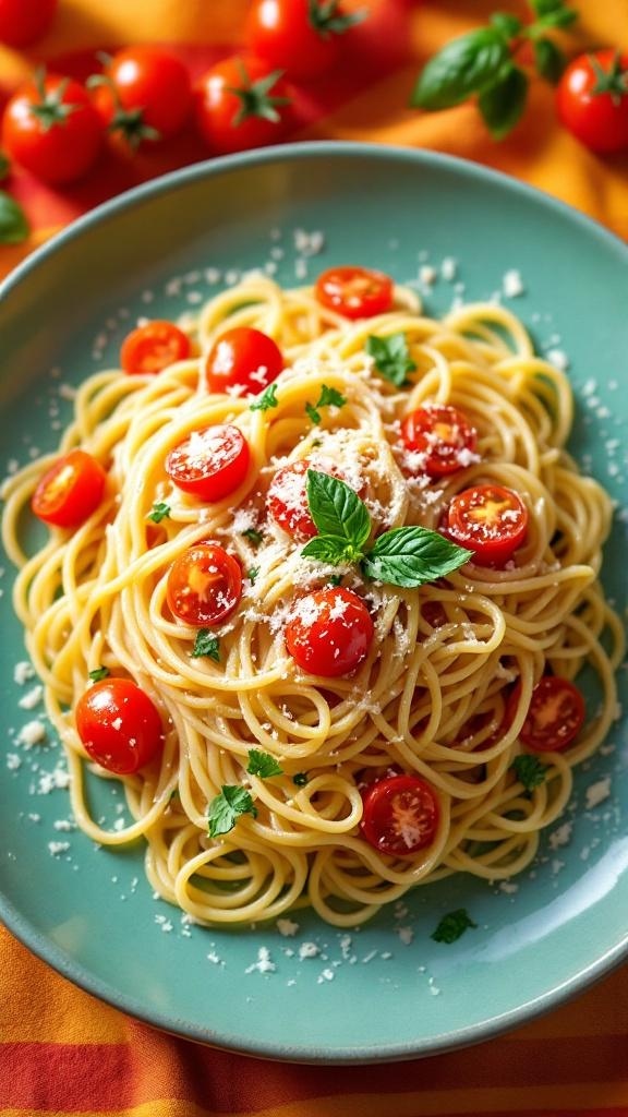 A plate of spaghetti topped with cherry tomatoes, basil, and Parmesan cheese.