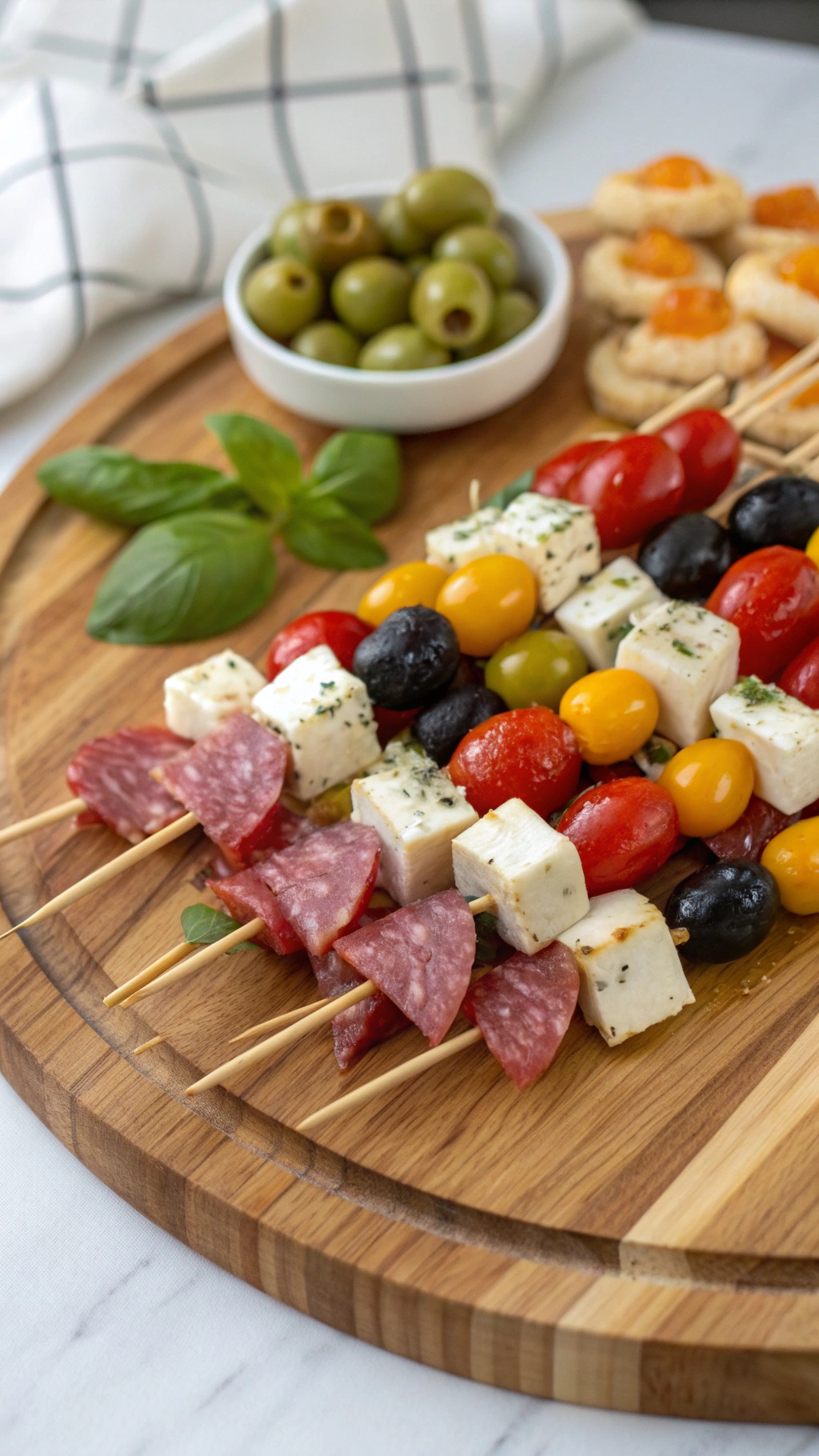 Colorful antipasto skewers with cherry tomatoes, mozzarella, olives, and salami on a wooden platter.