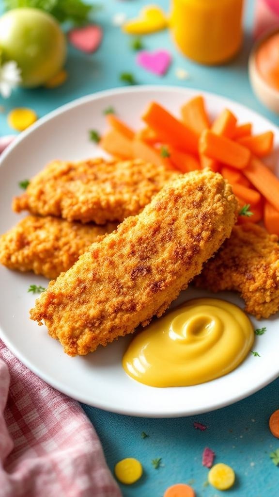 A plate of baked chicken tenders with carrot sticks and mustard