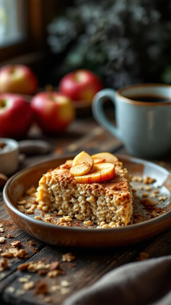 A slice of baked oatmeal with apples and cinnamon on a plate, surrounded by whole apples and a cup of coffee.