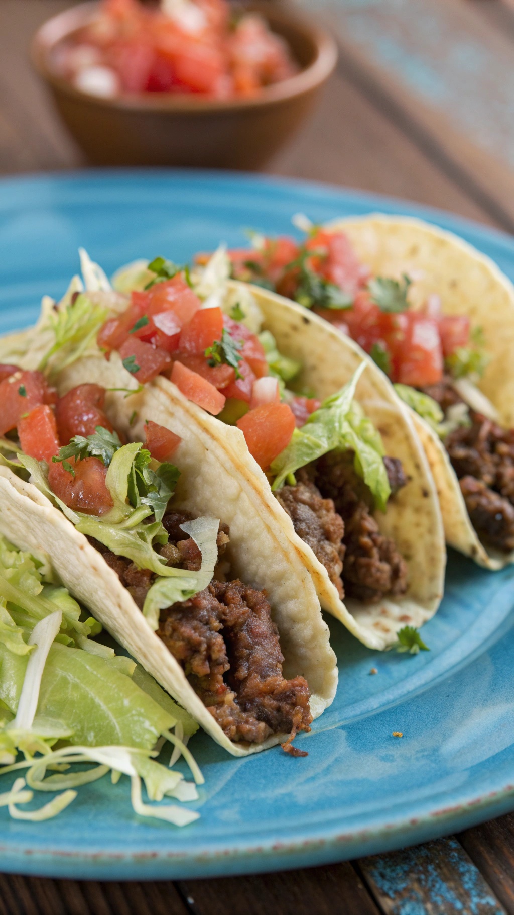 Three beef tacos on a blue plate topped with lettuce and salsa