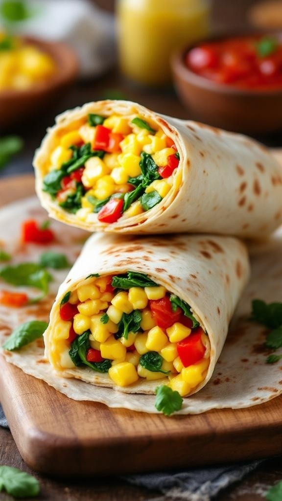 Breakfast burrito filled with eggs and colorful veggies on a wooden board.