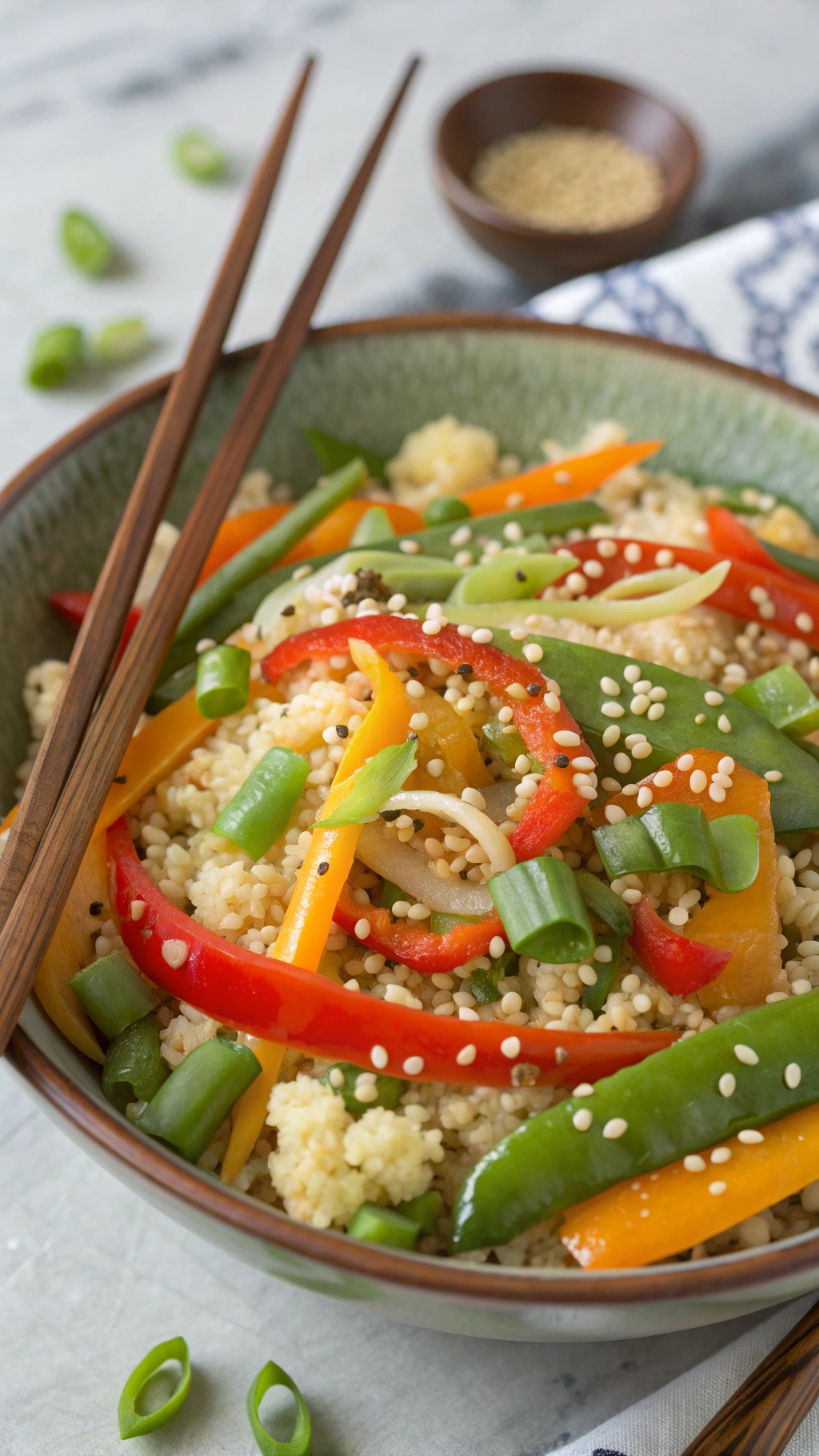 A colorful bowl of cauliflower rice stir-fry with bell peppers, snap peas, and sesame seeds.