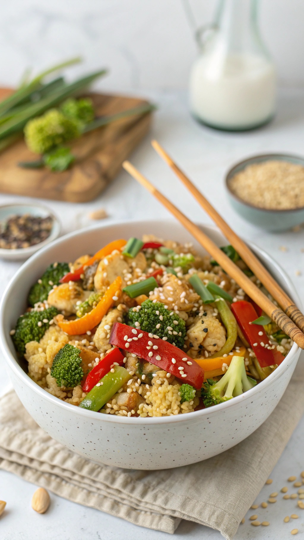 A bowl of colorful cauliflower rice stir-fry with vegetables and sesame seeds