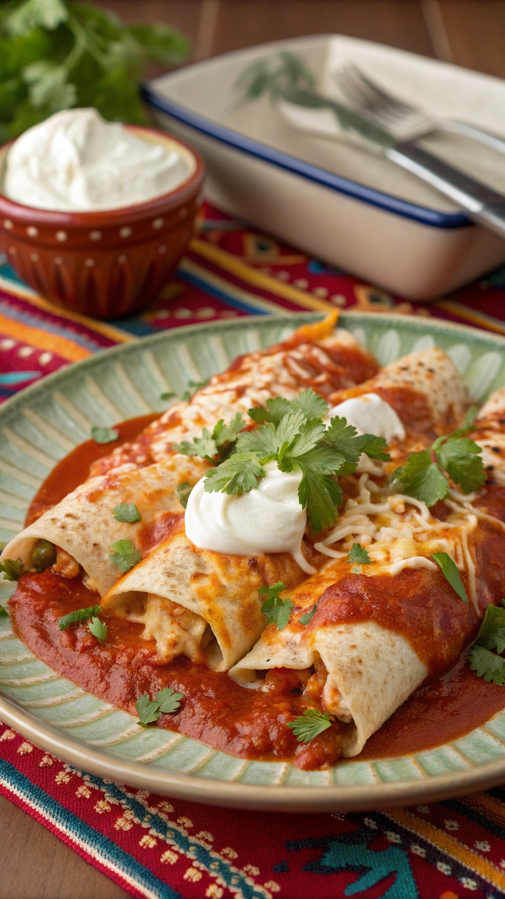 Delicious chicken enchiladas topped with cheese and cilantro, served on a colorful plate.