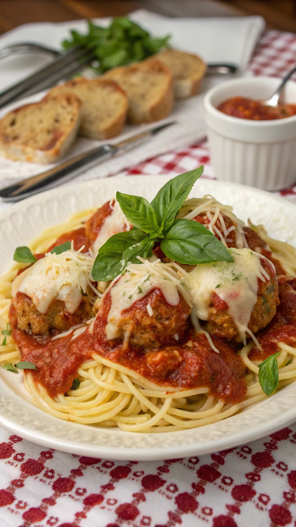 A plate of Chicken Parmesan Meatballs served over spaghetti with marinara sauce and garnished with fresh basil.
