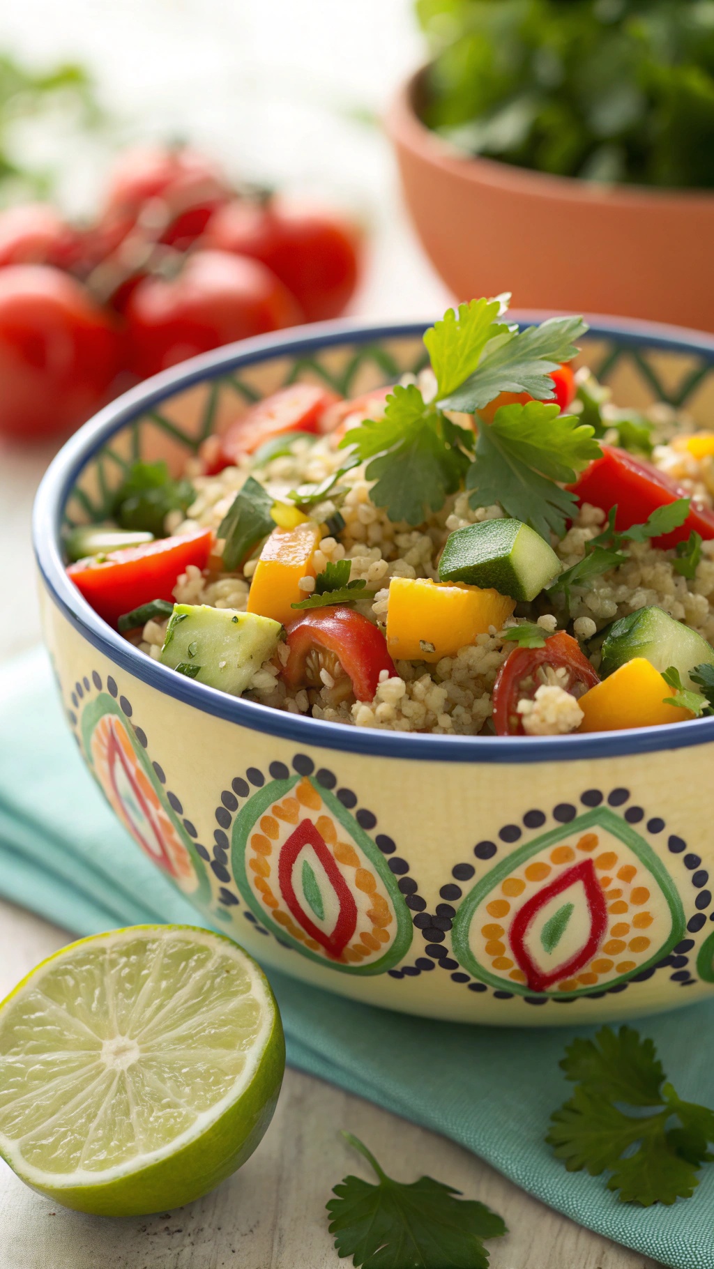 A colorful bowl of cilantro lime quinoa salad with fresh vegetables and lime.