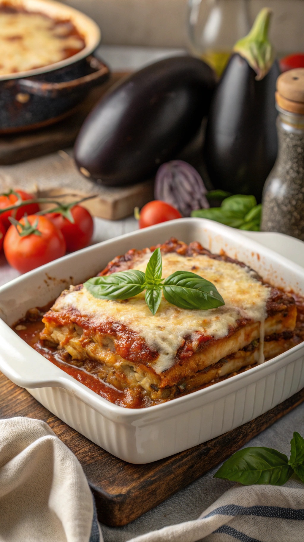 A delicious serving of eggplant parmesan with fresh tomatoes and basil on the side.