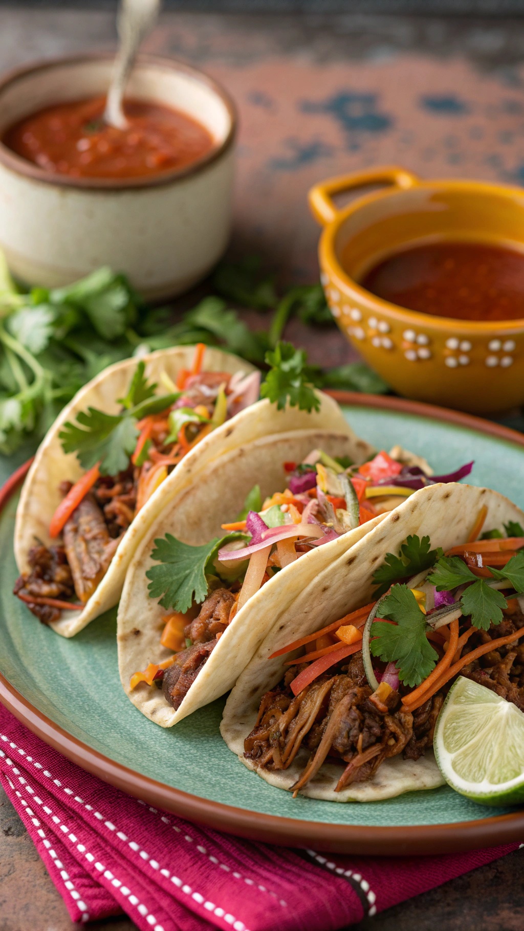 Three Korean BBQ pulled pork tacos on a plate with fresh vegetables and sauces