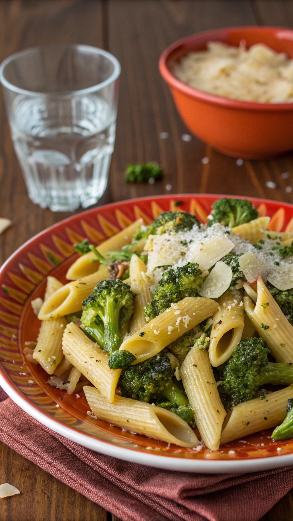 A plate of Garlic and Broccoli Penne pasta garnished with Parmesan cheese.
