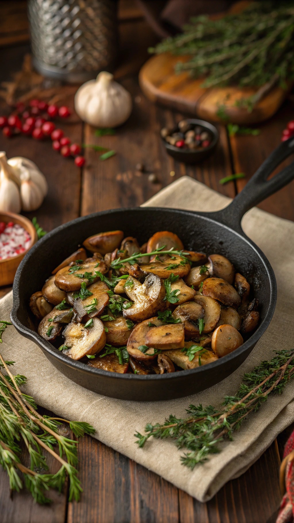 A skillet filled with garlic butter mushrooms, garnished with herbs, on a rustic wooden table.