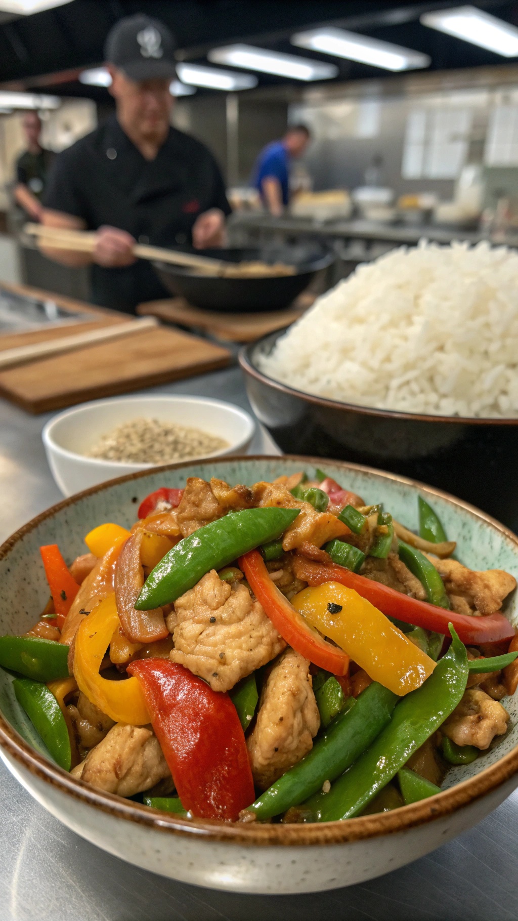 A vibrant bowl of ginger garlic chicken stir-fry with colorful vegetables and rice in the background.