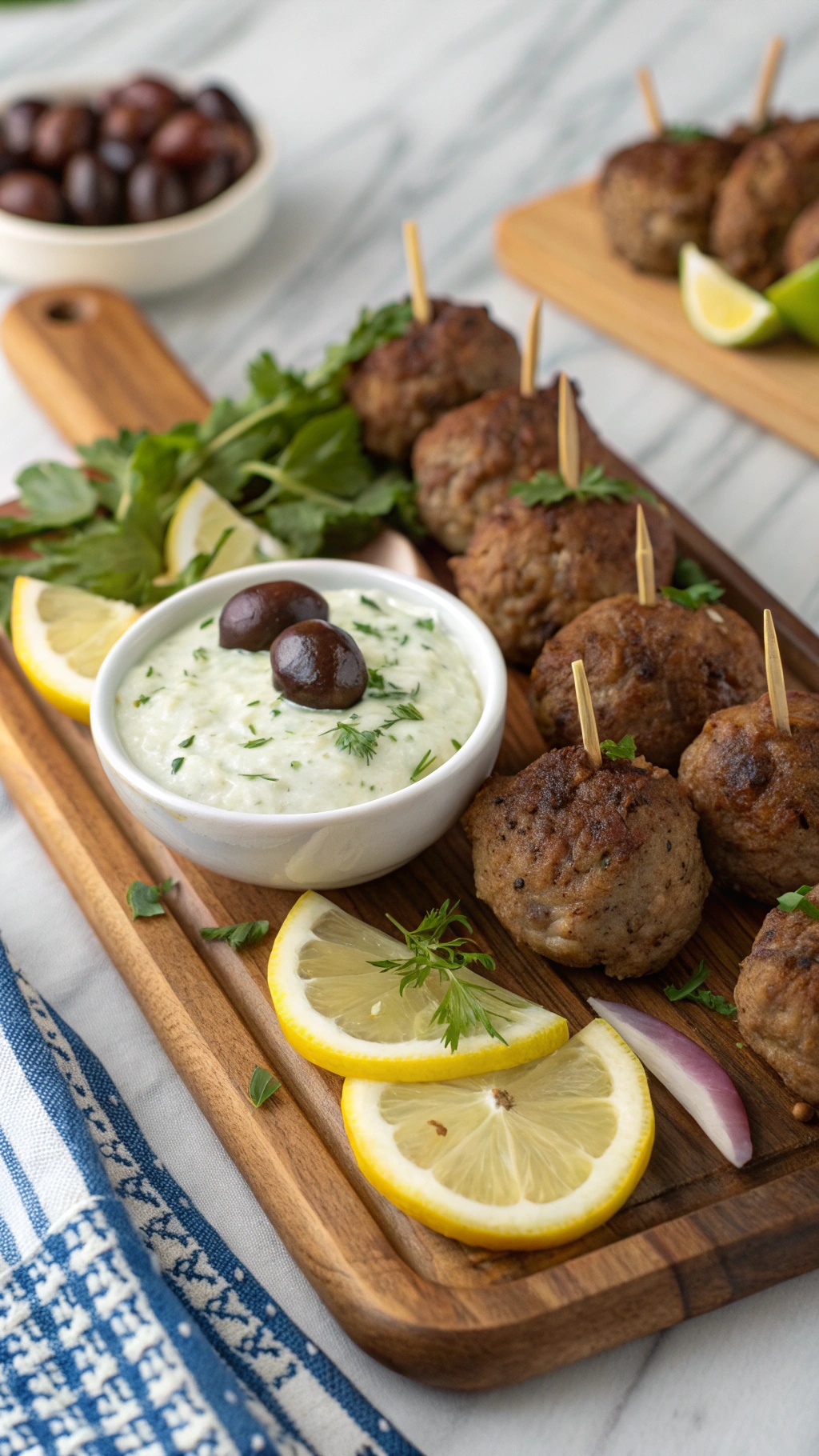 A platter of Greek meatballs with tzatziki sauce, garnished with lemon slices and olives.