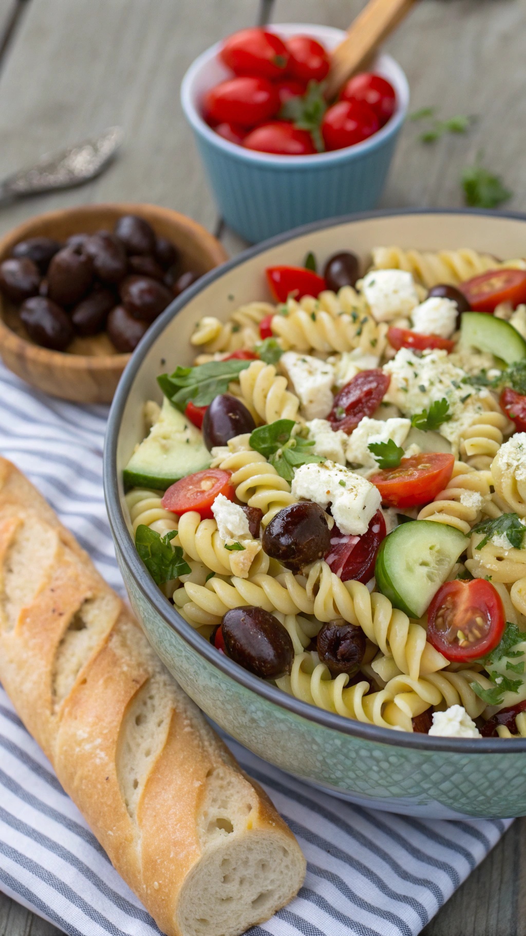 A bowl of Greek pasta salad with rotini, cherry tomatoes, cucumbers, olives, and feta cheese, served with a side of bread.