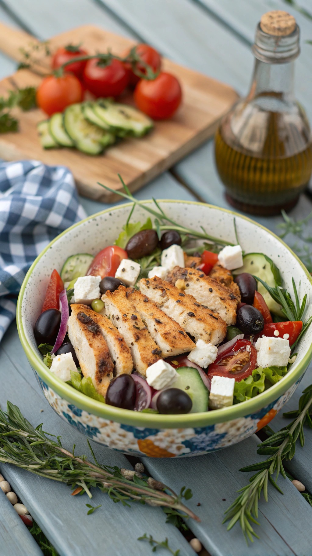 A colorful Greek salad with grilled chicken, olives, and feta cheese in a bowl, with fresh vegetables in the background.