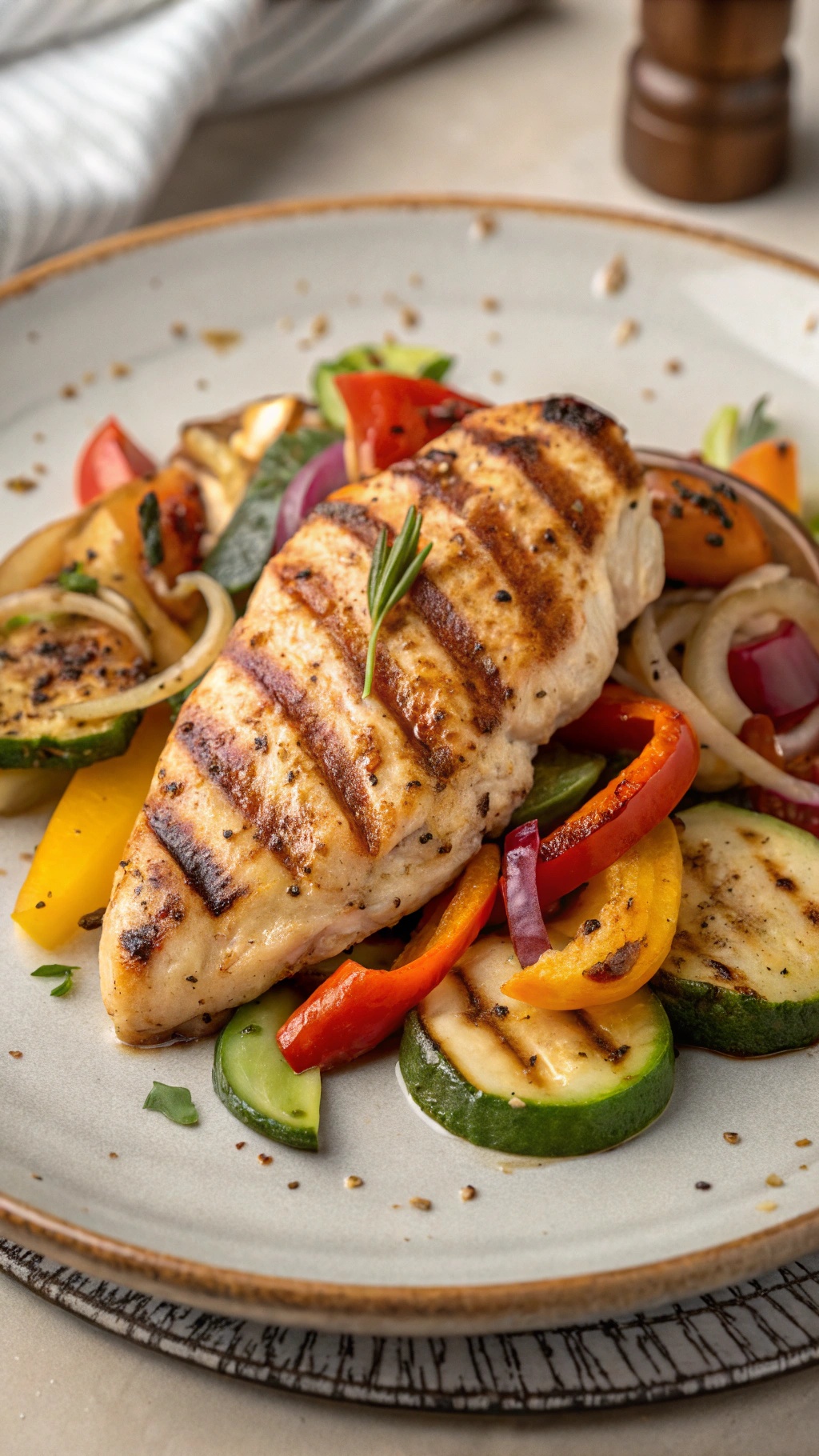 Grilled chicken breast with colorful grilled vegetables on a plate