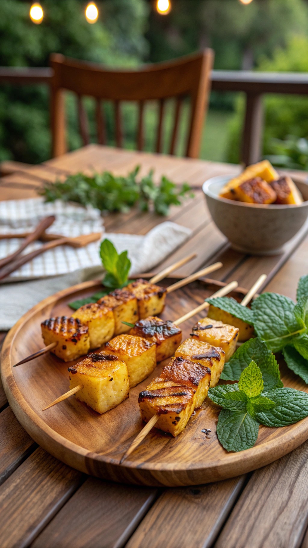 Grilled pineapple skewers on a wooden plate with fresh mint leaves and a bowl of extra pineapple in the background.