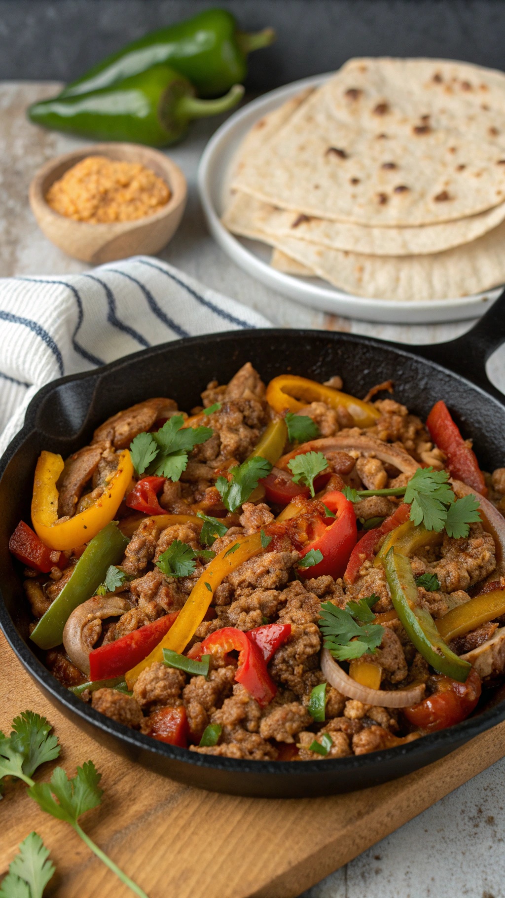 A skillet filled with ground turkey and colorful bell peppers, garnished with cilantro.