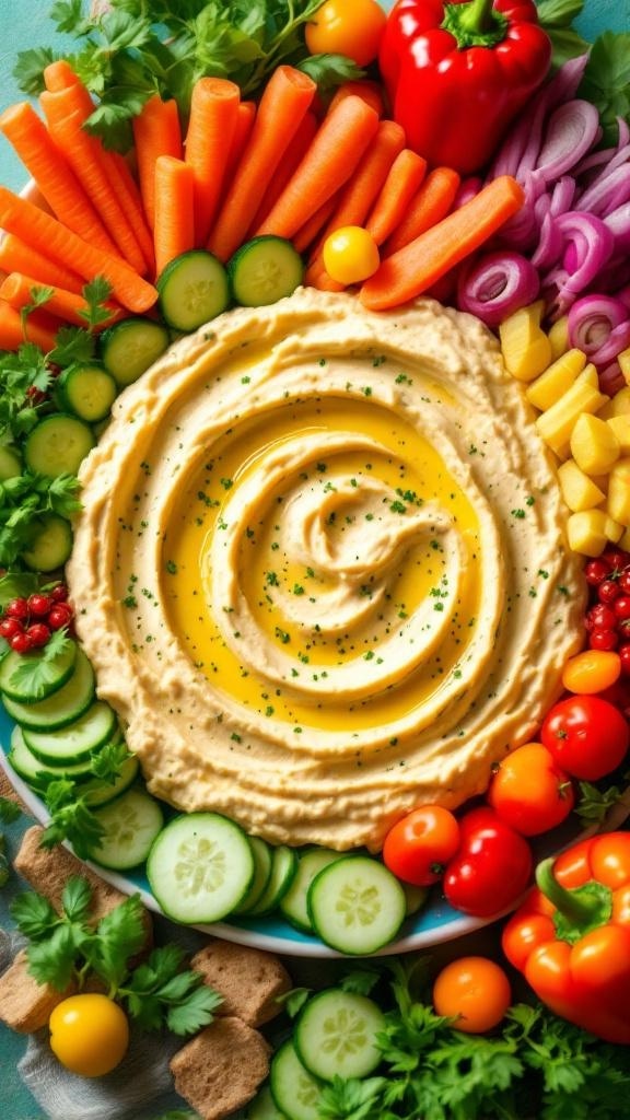 A colorful platter featuring hummus surrounded by fresh vegetable dippers.