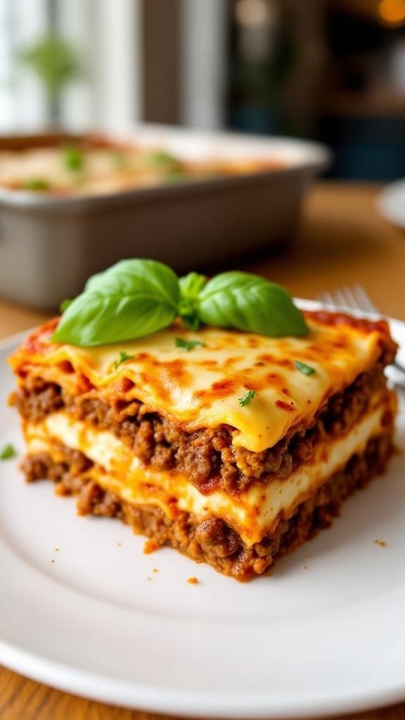A slice of zucchini lasagna topped with basil, showcasing layers of meat and cheese.