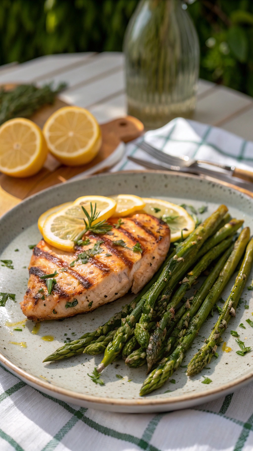 Grilled chicken breast with lemon slices and asparagus on a plate