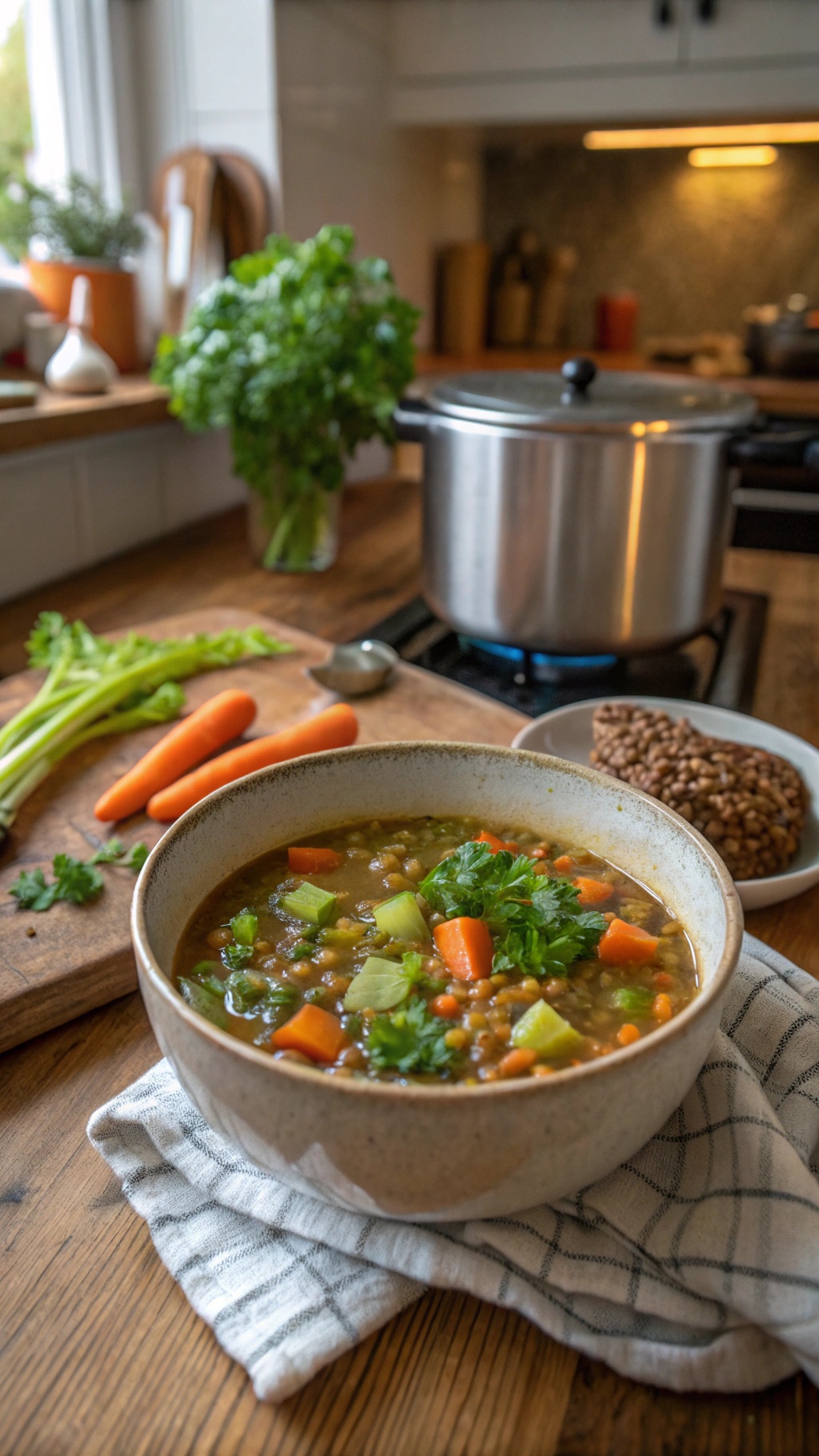 A bowl of lentil soup with carrots and celery, garnished with parsley, on a wooden table.
