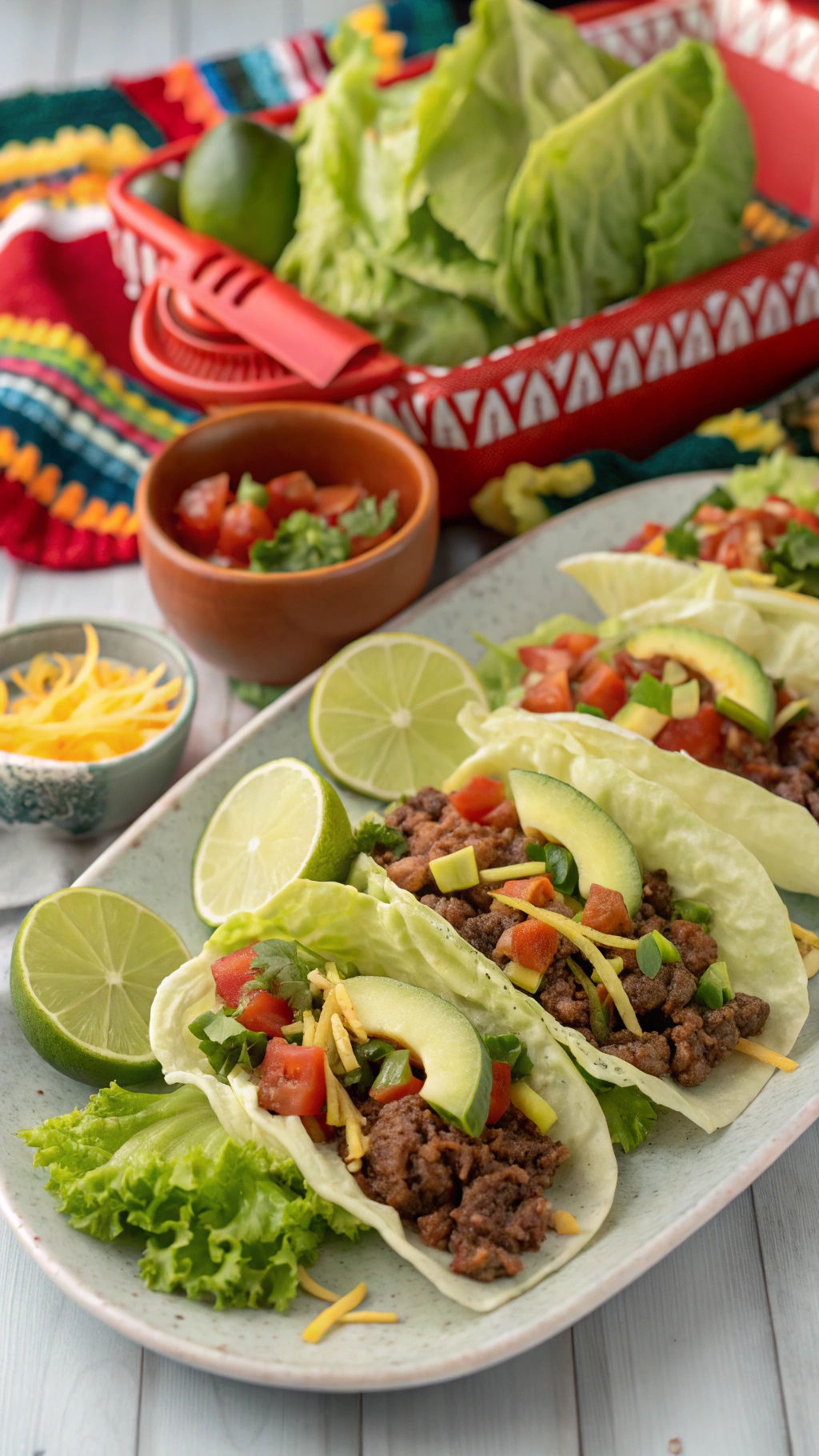 Low carb tacos with lettuce wraps, ground beef, tomatoes, cheese, and lime.