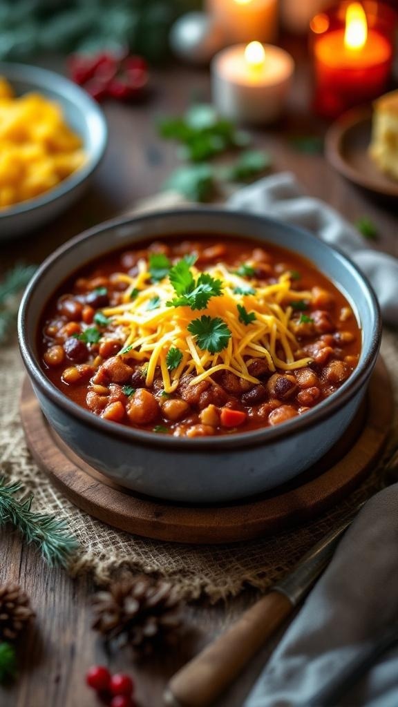 A cozy bowl of low carb turkey chili topped with cheese and cilantro, surrounded by candles and festive decor.