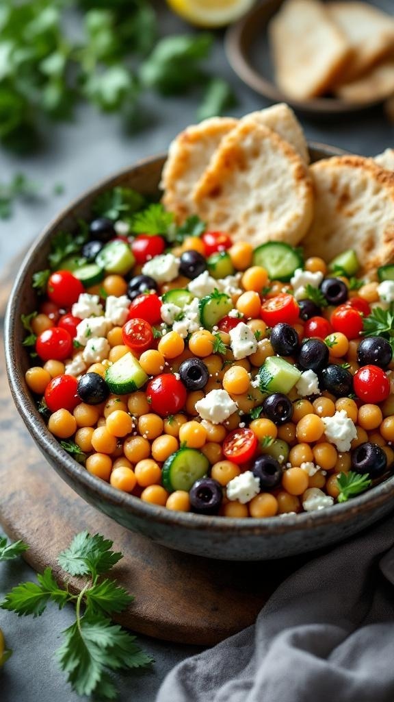 A colorful Mediterranean Chickpea Bowl with chickpeas, cherry tomatoes, cucumbers, black olives, feta cheese, and pita bread.