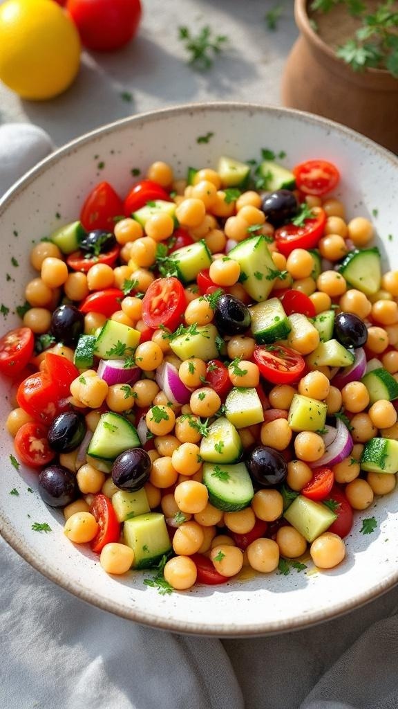 A colorful Mediterranean chickpea salad with tomatoes, cucumbers, olives, and parsley.